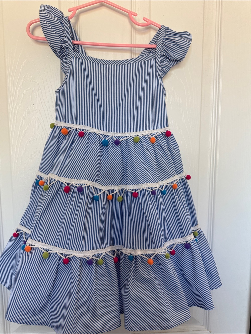 Blueberi Boulevard Blue & White Striped Pom-Pom Tiered Dress 3T